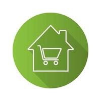 Household goods store flat linear long shadow icon. House with shopping cart inside. Vector outline symbol