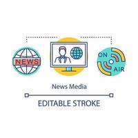 News media concept icon. Information agency. Live broadcast. Coverage of world events. Newscast. Broadcasting message idea thin line illustration. Vector isolated outline drawing. Editable stroke