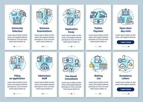 University entrance onboarding mobile app page screen with linear concepts. Open-door visit. Exam, essay. Five walkthrough steps graphic instructions. UX, UI, GUI vector template with illustrations