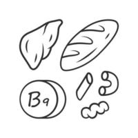 Vitamin B9 linear icon. Bread, liver and pasta. Meat and flour products. Folic acid natural food source. Thin line illustration. Contour symbol. Vector isolated outline drawing. Editable stroke