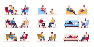 Psychology consultation flat vector illustrations set. Psychotherapy session. Talk therapy. Psychoanalysis. Couple, family issues. Marriage counseling. Isolated cartoon characters kit