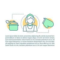 Plantilla de vector de página de artículo de servicio de cocina casera. chef personal. folleto, revista, elemento de diseño de folleto con iconos lineales y cuadros de texto. diseño de impresión. ilustraciones de concepto con espacio de texto