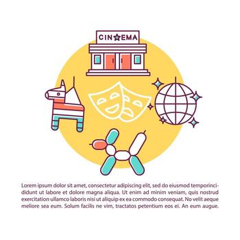 Plantilla de vector de página de artículo de la industria del entretenimiento. Mostrar negocio. folleto, revista, elemento de diseño de folleto con iconos lineales y cuadros de texto. diseño de impresión. ilustraciones de concepto con espacio de texto