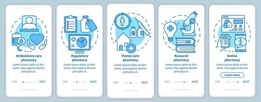 Ambulatory and home care pharmacy onboarding mobile app page screen with linear concepts. Drug research. Five walkthrough steps graphic instructions. UX, UI, GUI vector template with illustrations