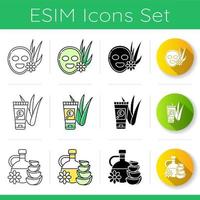 Aloe vera icons set. Healing skincare treatment. Natural spa procedure. Medicinal herbs for cleansing. Cream and lotion. Linear, black and RGB color styles. Isolated vector illustrations