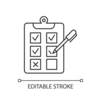 Written survey linear icon. Choosing option. Evaluation test. Select answer. Questionnaire. Page on clipboard. Thin line illustration. Contour symbol. Vector isolated outline drawing. Editable stroke
