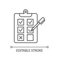 Written survey linear icon. Choosing option. Evaluation test. Select answer. Questionnaire. Page on clipboard. Thin line illustration. Contour symbol. Vector isolated outline drawing. Editable stroke