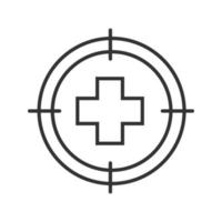 Aim on medical cross linear icon. Hospital, clinic finding thin line illustration. Medical service searching contour symbol. Vector isolated outline drawing