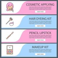 Cosmetics accessories web banner templates set. Woman with makeup brush, hair dyeing kit, pencil lipstick, eye shadows. Website color menu items. Vector headers design concepts