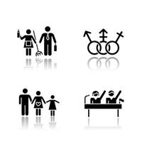 Gender equality drop shadow black glyph icons set. Politic rights. Transgender people, LGBTQ community. Female, male, trans sign. Gender stereotypes. Family planning. Isolated vector illustrations