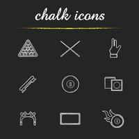 Billiard chalk icons set. Pool ball rack, cues, brush, glove, eight ball, chalk, table, rest head, burning ball. Isolated vector chalkboard illustrations