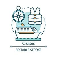 Cruises concept icon. Voyage idea thin line illustration. Ship on the ocean. Swim vest and compass. Cruise liner, summer vacation. Water transport. Vector isolated outline drawing. Editable stroke