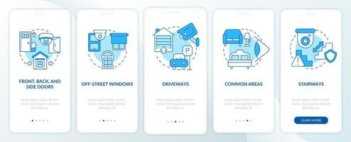 Security cameras placement blue onboarding mobile app page screen vector