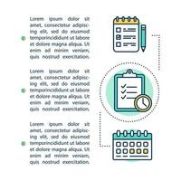 Studying schedule concept icon with text. Project deadline. Planning assignment. Research. Article page vector template. Brochure, magazine, booklet design element with linear illustrations