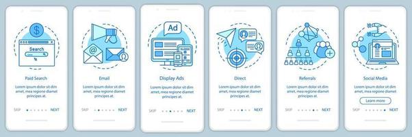 Plantilla de vector de pantalla de página de aplicación móvil de incorporación azul de canales de marketing. Formas de atracción de clientes a través de pasos del sitio web con ilustraciones lineales. concepto de interfaz de teléfono inteligente ux, ui, gui