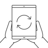 Hands holding tablet computer linear icon. Device synchronization. Thin line illustration. Tablet computer with cycling arrows. Contour symbol. Vector isolated outline drawing