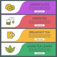 Tea banner templates set. Lemon slices, tea mug and bag, loose leaves. Website menu items. Color web banner. Vector headers design concepts