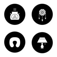 Sleeping accessories glyph icons set. Neck pillow, dream catcher, aroma candle, table lamp. Vector white silhouettes illustrations in black circles