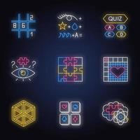 Puzzles and riddles neon light icons set. Sudoku. Trivia quiz. Nonogram. Optical illusion. Jigsaw. Logic games. Mental exercise. Brain teaser. Glowing signs. Vector isolated illustrations