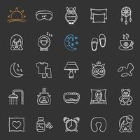 Sleeping accessories chalk icons set. Pillows, sleeping slippers, pills, earplugs, dreamcatcher, alarm clock, pajamas. Isolated vector chalkboard illustrations