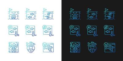 Fish product farming and storing gradient icons set for dark and light mode vector