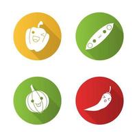 Vegetables cute kawaii flat design long shadow glyph characters set vector