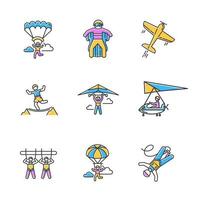 Air extreme sports color icons set. Skydiving, parachuting, hang gliding, wingsuiting. Aerobatics, highlining, paragliding. Giant swing, bungee jumping, sky microlighting. Isolated vector illustration