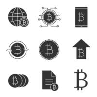 Bitcoin glyph icons set. Silhouette symbols. Global bitcoin, rising, exchange, document, coins, smartphone. Vector isolated illustration