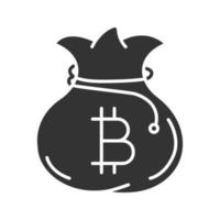 Bitcoin bag glyph icon. Silhouette symbol. Money box. Negative space. Vector isolated illustration