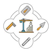 Construction tools color icons set. Building equipment. Rectangular notched trowel, triangular shovel, iron chisel, set square. Isolated vector illustrations