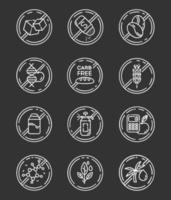 Product free ingredient chalk icons set. No paraben, pesticide, lactose. Organic food, healthy eating. Non-chemical herbs. Dietary without allergens. Isolated vector chalkboard illustrations