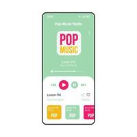 plantilla de vector de interfaz de teléfono inteligente de radio fm de música pop. página de la aplicación del reproductor de música móvil diseño verde pastel. lista de reproducción de audio, pistas modernas y pantalla de escucha de canciones. aplicación plana ui. pantalla del teléfono