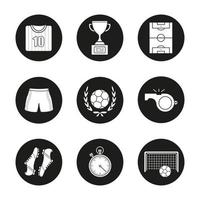 Soccer competition icons set. Football t-shirt, shoes and shorts, field, whistle, stopwatch, gate, ball in laurel wreath, winner's gold cup. Vector white silhouettes illustrations in black circles