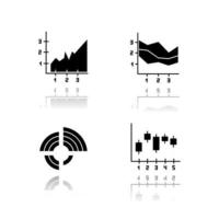 Chart and graph drop shadow black glyph icons set. Radial diagram with increasing values. Area charts with segments. Vertical scatter histogram. Business research. Isolated vector illustrations