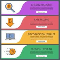 Bitcoin web banner templates set. Bitcoin search, rate falling, digital wallet, payment. Website color menu items. Vector headers design concepts