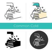 Rinse hands icon. Hygiene and healthcare. Common cold precaution. Germ cleansing. Washing hand. Disinfect from flu bacteria. Flat design, linear and color styles. Isolated vector illustrations