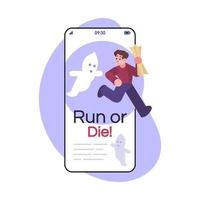 Run or die social media post smartphone app screen. Mobile phone display with cartoon character design mockup. Thematic strategy game. Horror escape room application telephone interface vector