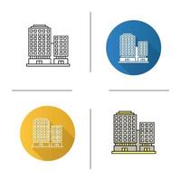 Office building icon. Flat design, linear and color styles. Business district. Isolated vector illustrations