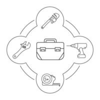 conjunto de iconos lineales de contenido de caja de herramientas. llaves inglesas y de media luna, cinta métrica, taladro inalámbrico. herramientas de construcción. ilustraciones vectoriales aisladas vector