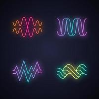 Sound waves neon light icons set. Audio waves. Music frequency. Voice line, overlapping soundwaves. Heart rhythm, beat, pulse. Abstract digital waveform. Glowing signs. Vector isolated illustrations