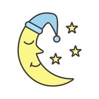 Luna con icono de color de gorro de dormir y estrellas. hora de acostarse. ilustración vectorial aislada vector