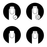 Manicure glyph icons set. Fingernails medical care, square shaped manicure, nails with tick mark and heart. Vector white silhouettes illustrations in black circles