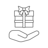 Open hand with gift box linear icon. Present. Thin line illustration. Giving, getting gift. Contour symbol. Vector isolated outline drawing