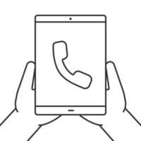 Hands holding tablet computer linear icon. Incoming call. Thin line illustration. Tablet pc with handset. Contour symbol. Vector isolated outline drawing