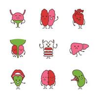 Sad human internal organs characters color icons set vector