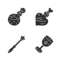 Magic glyph icons set. Magical death and love potions, witch wand, ceremonial chalice. Witchcraft, occult ritual items. Mystery objects. Silhouette symbols. Vector isolated illustration