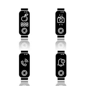 Fitness tracker and smartphone synchronization drop shadow black glyph icons set. Incoming call and notification option. Distance camera access and diet pictogram. Isolated vector illustrations