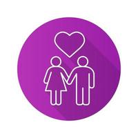 Heterosexual couple flat linear long shadow icon. Romantic date. Man and woman with heart shape above. Vector line symbol