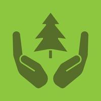 Open palms with fir tree glyph color icon. Saving forests. Silhouette symbol. Nature care. Negative space. Vector isolated illustration
