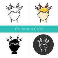 Headache icon. Migraine. Head pain. Common cold symptom. Healthcare. Healthcare. Pressure and tension. Anxiety and stress. Flat design, linear and color styles. Isolated vector illustrations